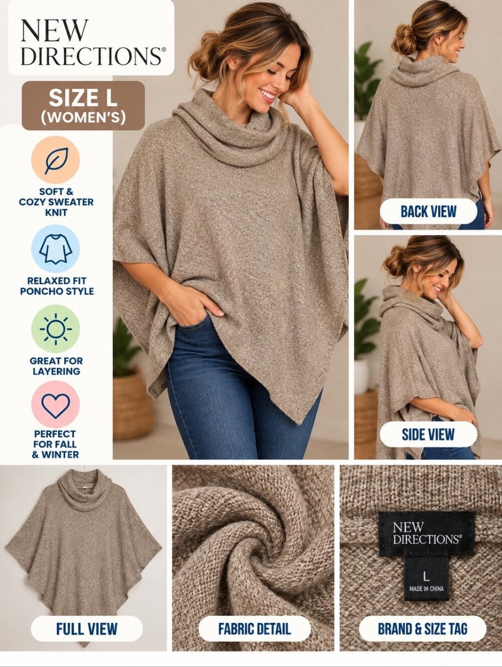 New directions Women's large brown poncho sweater #36